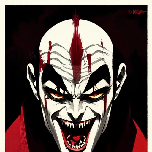 Prompt: handsome vampire king with fangs, symmetrical face, evil, portrait, cinematic, dramatic, powerful, super detailed and intricate, by koson ohara, by darwyn cooke, by greg rutkowski, by satoshi kon