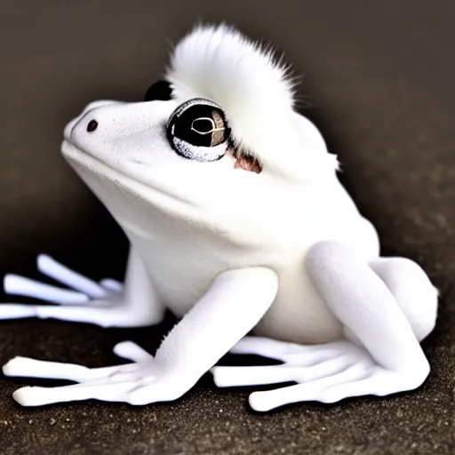 Prompt: photo of white fluffy frog covered by fur