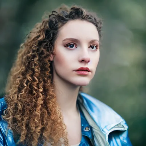 Prompt: selfie of a young woman, wearing a translucent and iridescent jacket, curly long hair, caucasian, sigma 85mm f/1.4, 4k, depth of field, high resolution, 4k, 8k, hd, full color