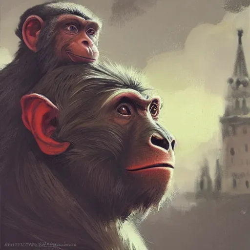 Image similar to portrait of putin as a monkey in kremlin, epic, tragic, military art, fantasy, dieselpunk, hd shot, digital portrait, beautiful, artstation, comic style, by artgerm, guy denning, jakub rozalski, magali villeneuve and charlie bowater