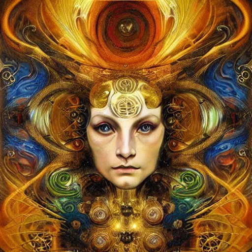 Image similar to Divine Chaos Engine by Karol Bak, Jean Deville, Gustav Klimt, and Vincent Van Gogh, beautiful visionary mystical portrait, sacred geometry, otherworldly, fractal structures, ornate gilded medieval icon, third eye, spirals