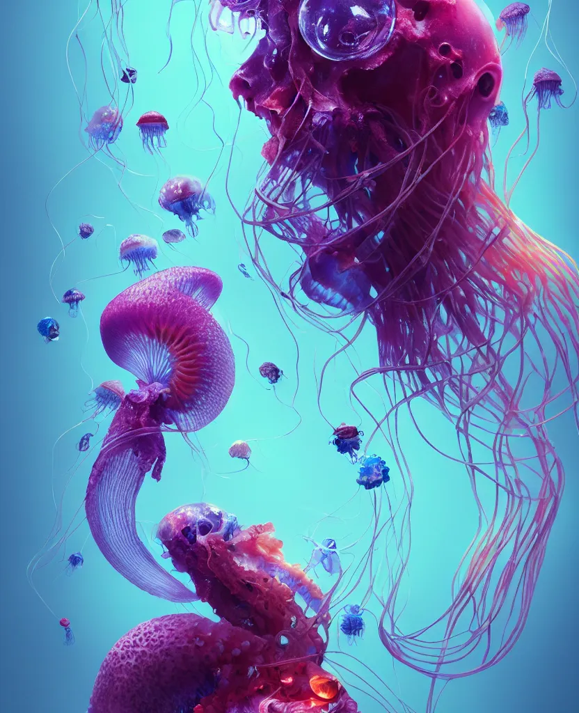 Image similar to human thorax, jellyfish phoenix head, nautilus, orchid, skull, betta fish, bioluminiscent creatures, intricate artwork by Tooth Wu and wlop and beeple. octane render, trending on artstation, greg rutkowski very coherent symmetrical artwork. cinematic, hyper realism, high detail, octane render, 8k