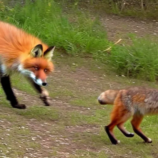 Prompt: trailcam footage of a fox dancing with a cat. night vision, fast shutter speed. caught on camera