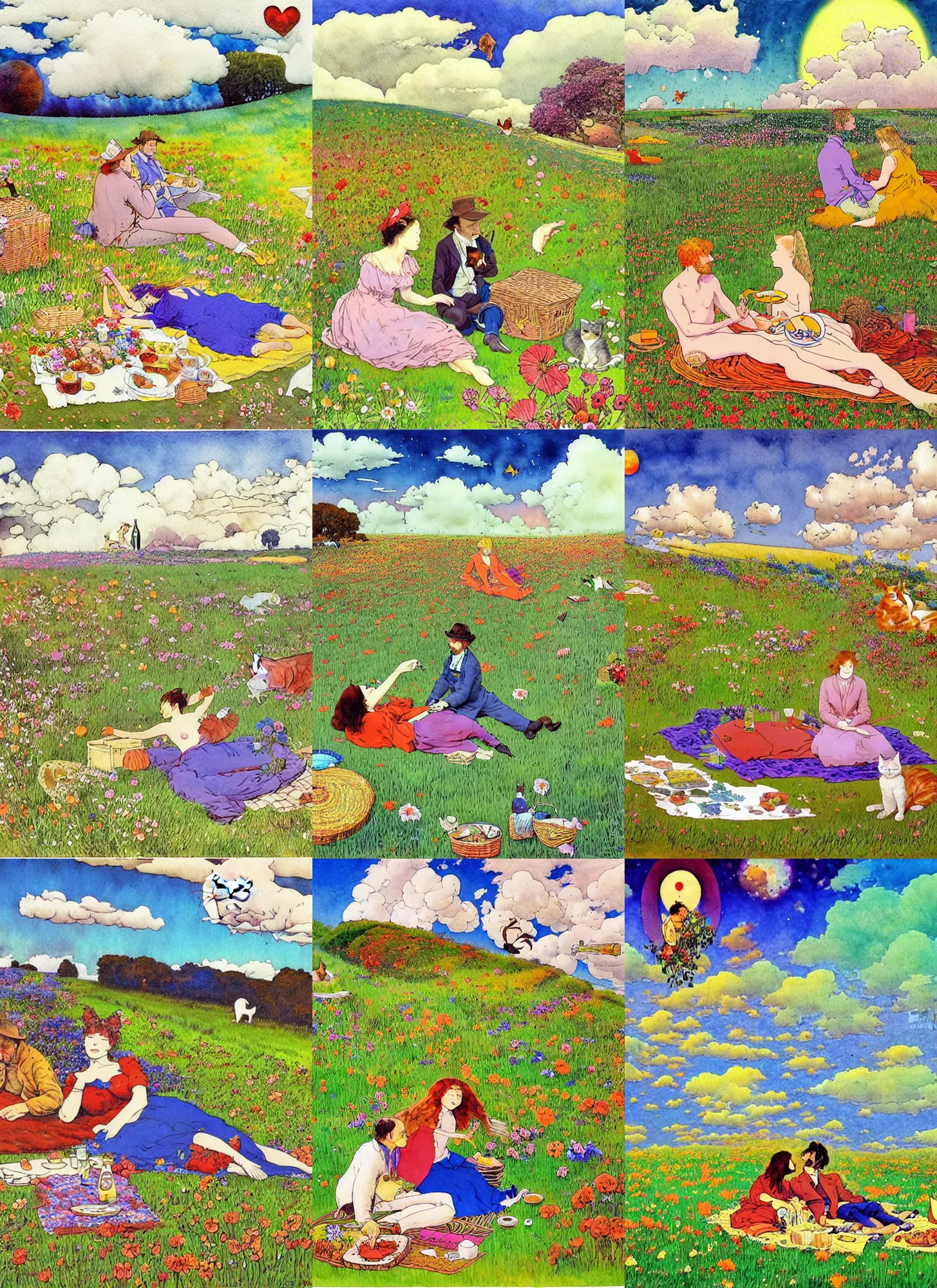 Prompt: late morning picnic scene in nature, a couple in love, fields of colorful flowers, clouds, a sleeping cat, by moebius, by jean henri gaston giraud, by jean gir, psychedelic fantasy and surrealism, watercolor with pen outlines