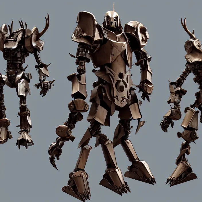 Image similar to warforged druid male anime character, wolf armor, wolf pack, a pack of wolves, wooden antlers, made of wood, made of metal, large robot, wolves, knight, medieval castle, wolf pack following, 3 d render beeple, realistic detailed octane render, pop up parade figure