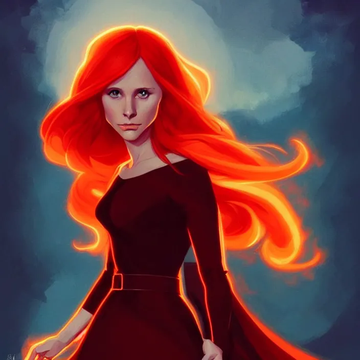 Prompt: style artgerm, joshua middleton, beautiful kristen bell with dark red dress, very long orange hair, symmetrical face, symmetrical eyes, fire powers fire swirling, detailed, volcano setting, [ potato ] cinematic lighting