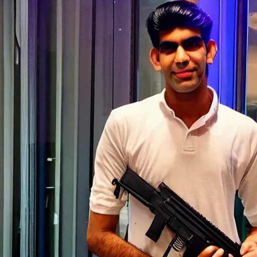 Image similar to Medium shot photograph of Rishi Sunak holding an AK-47, 8k, ultrahd