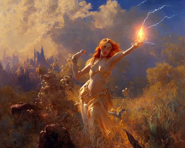 Image similar to sorceress casting powerful meteor spell in the plains. highly detailed painting by gaston bussiere, craig mullins, j. c. leyendecker 8 k