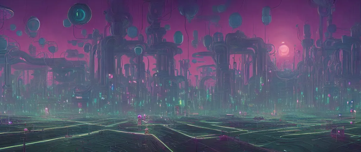 Prompt: beautiful painting of anemone city in the dreams of a mainframe in the style of Simon Stålenhag and H. R. Giger, detailed, trending on Artstation