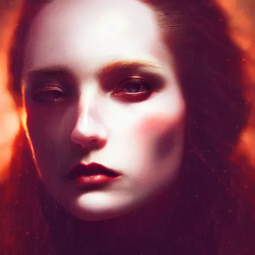 Image similar to majestic gracious regal aristocratic female vampire portrait, atmospheric lighting, painted, ravenous, tempestuous, menacing, intricate, volumetric lighting, beautiful, rich deep colours masterpiece, golden hour, sharp focus, ultra detailed, by leesha hannigan, ross tran, thierry doizon, kai carpenter, ignacio fernandez rios