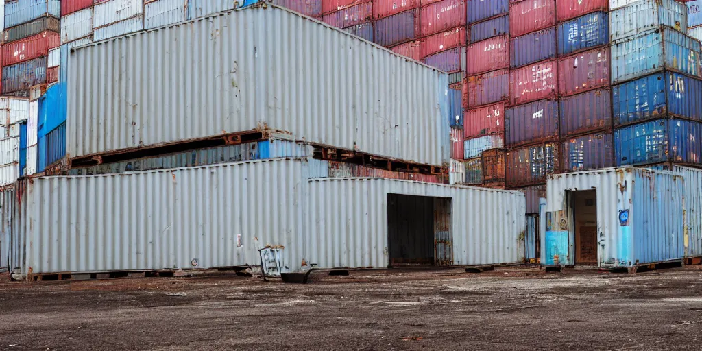 Image similar to an abandoned city hall with the door being covered by some maersk shipping containers