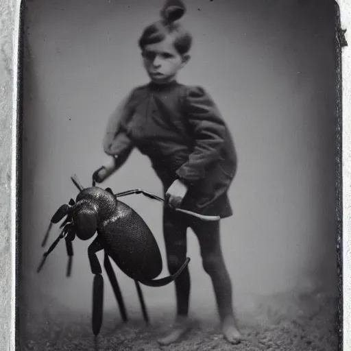 Prompt: tintype photo, boy rides a ant, underwater, jellyfish