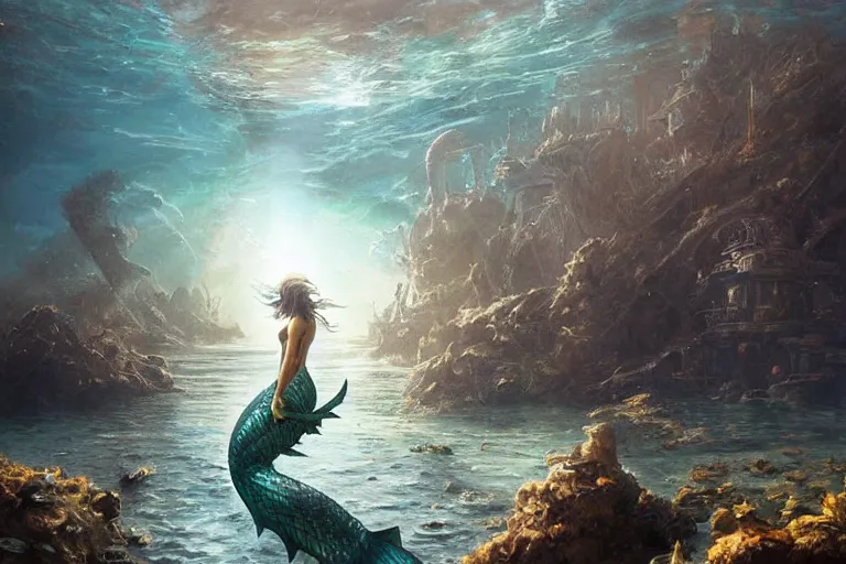 Image similar to a beautiful mermaid looking at the sunken city of Atlantic under water, ray of sunlight, Greg Rutkowski, Mohrbacher