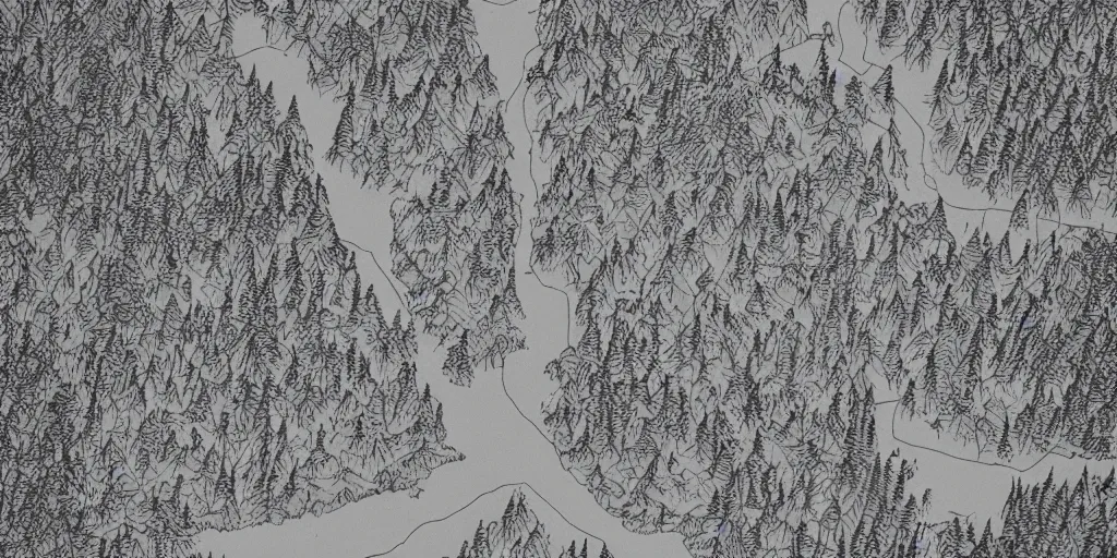 Prompt: A photo of a detailed handwritten map of a forest with rivers and a mountain