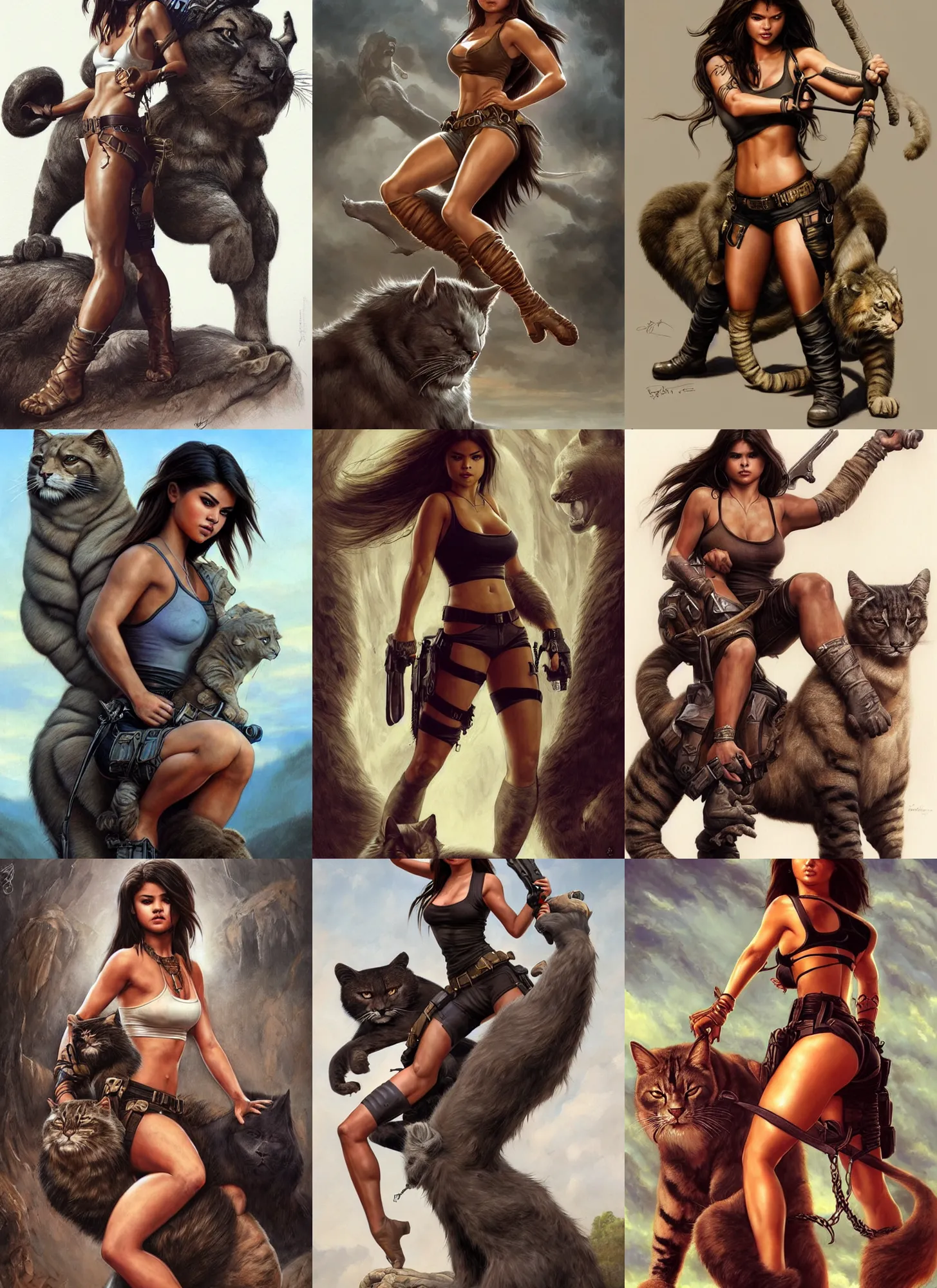 Image similar to portrait of tough looking Selena Gomez as a muscled Lara Croft sitting on her large giant cat beast, elegant, highly detailed, centered, digital painting, artstation, concept art, artgerm, donato giancola, Joseph Christian Leyendecker, WLOP, Boris Vallejo, Artgerm