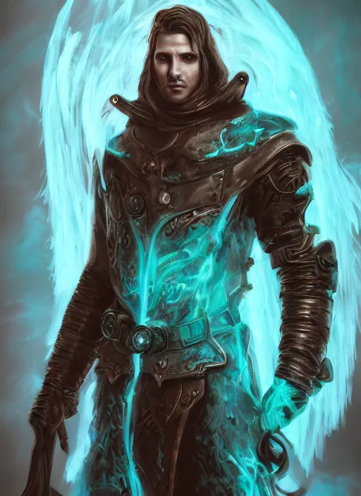 Image similar to An epic fantastic realism comic book style portrait painting of aasimar hexblade warlock, teal electricity, male, grand angel wings, silver hair, short beard, 4k, 8k, Apex Legends Concept Art, D&D Concept Art, unreal 5, DAZ, hyperrealistic, octane render, cosplay, RPG portrait, dynamic lighting