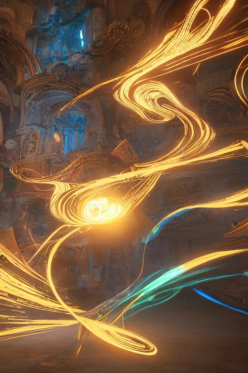 Image similar to swirling tribal light streaks and ornate flowing light streams and smooth particle effects, unreal engine