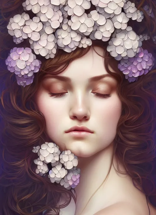 Image similar to a photographic portrait of a seductive sleeping anthropomorphic hydrangea blossom with a perfect face, fantasy, wind blowing hair, intricate, elegant, very very highly detailed, digital painting, artstation, concept art, smooth, super sharp focus, illustration, art by artgerm and h r giger and alphonse mucha