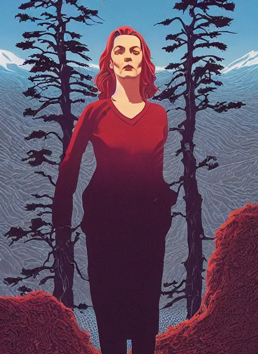 Prompt: Twin Peaks poster artwork by Michael Whelan and Tomer Hanuka, Karol Bak, Rendering of Where the folk song of slaughter welcomed the vogue of an unsheathed and distinctly feminine blade, the love song of vengeance opens softly ajar doors to the espionage Toshiya only merely hinted at earlier, from scene from Twin Peaks, full of details, by Makoto Shinkai and thomas kinkade, Matte painting, trending on artstation and unreal engine