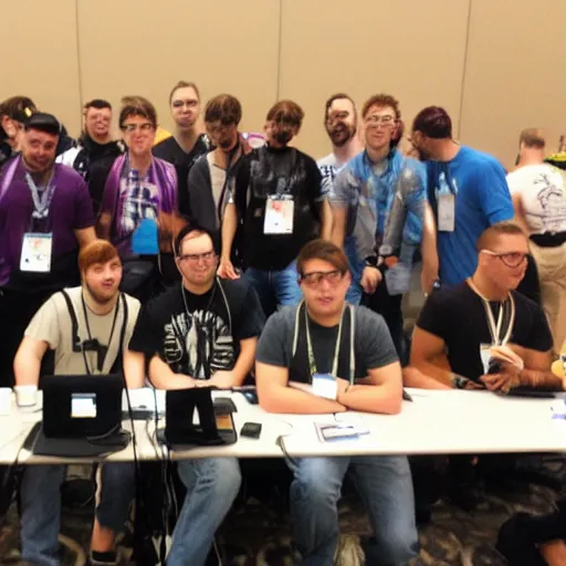 Prompt: A bunch of nerds at DEF CON linecon