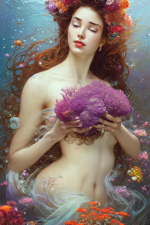 Image similar to portrait of a beautiful mysterious woman holding a bouquet of flowing flowers, hair flowing upwards, small bubbles from her mouth, hands hidden under the bouquet, submerged underwater filled with colorful small fish and coral reef, fantasy, regal, intricate, by stanley artgerm lau, greg rutkowski, thomas kindkade, alphonse mucha, loish, norman rockwell