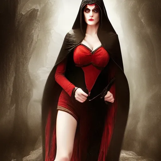 Prompt: Film still of Alexandra Daddario, beautiful vampire mistress dressed in a black cloak, by Stanley Artgerm Lau