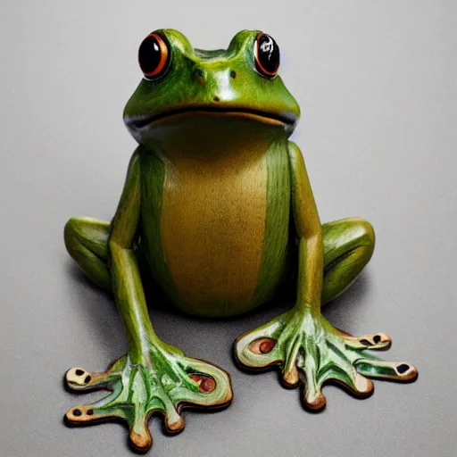 Prompt: a realistic wooden statue of a frog