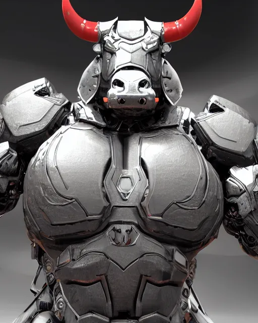 Prompt: a full body shot of an imposing cyborg ( bull ) modeled after a bull looking into the camera, android, cyborg, full body shot, intricate, 3 d, hyper realism, symmetrical, octane render, strong bokeh, fantasy, highly detailed, depth of field, digital art, artstation, concept art, cinematic lighting, trending, red