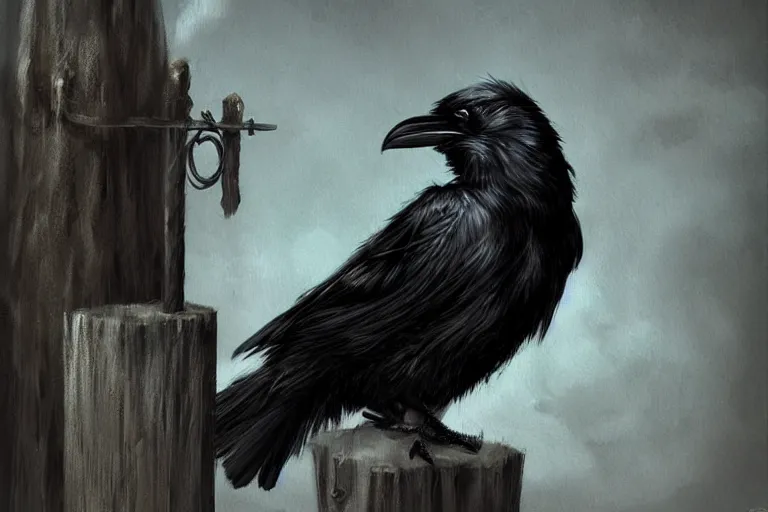 Image similar to a raven sitting on a fence post, grimdark matte fantasy painting, cinematic lighting, DeviantArt Artstation, by Brom and Linda Ravenscroft