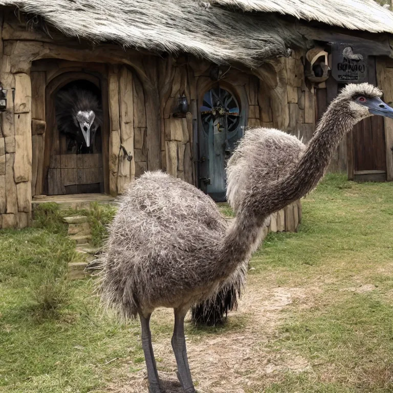 Image similar to an emu in the middle of a hobbit tavern