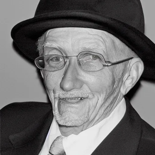 Prompt: A photograph portrait of an old man in his eighties who looks like Jerma985 wearing a suit with and fedora in the 1990s, taken in the early 1990s, grainy, taken on a 1990s Camera, realistic, hyperrealistic, very realistic, highly detailed, very detailed, extremely detailed, detailed, digital art, trending on artstation