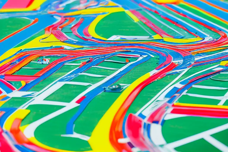 Image similar to windy racetrack made of translucent colorful plastic, 85mm