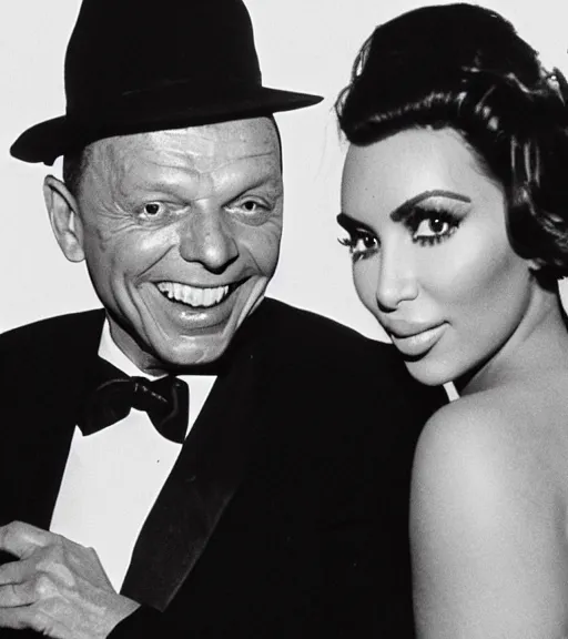 Prompt: Frank sinatra hugging kim kardashian