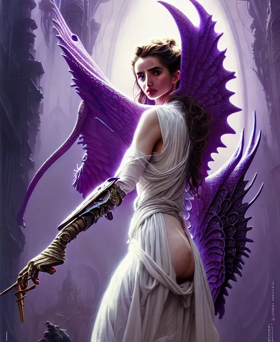 Prompt: beautiful fantasy character portrait, ana de armas, ultra realistic, wide angle, intricate details, the fifth element artifacts, tesseracts, highlights of purple, highly detailed by peter mohrbacher, hajime sorayama, wayne barlowe, boris vallejo, paolo eleuteri serpieri, dishonored 2, white gown, angel wings