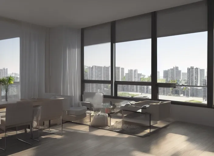 Image similar to 3 d render of a modern open plan apartment interior, floor to ceiling windows, 4 k