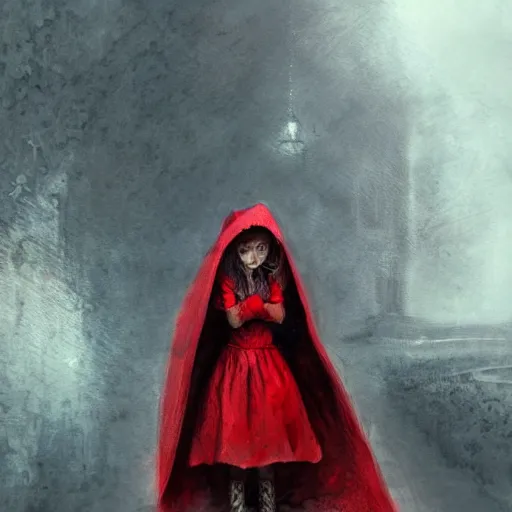 Image similar to cute Little red riding hood stands there crying, tear rolling down cheek, detailed intricate ink illustration, dark atmosphere, detailed illustration, hd, 4k, digital art, overdetailed art, concept art, by greg rutkowski, by loish, complementing colors, Trending on artstation, deviantart