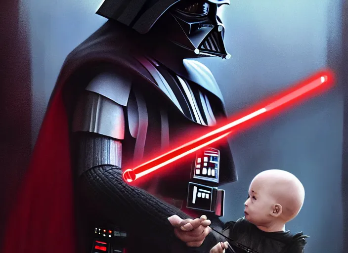 Image similar to a dramatic highly detailed render of darth vader with red lightsaber drawn about to battle a cute baby, futuristic star wars vibe, by WLOP and Artgerm and Greg Rutkowski and Alphonse Mucha, Beautiful dynamic dramatic dark moody lighting, shadows, cinematic atmosphere, Artstation, concept design art, Octane render, 8K, masterpiece, sharp focus, hyperrealistic