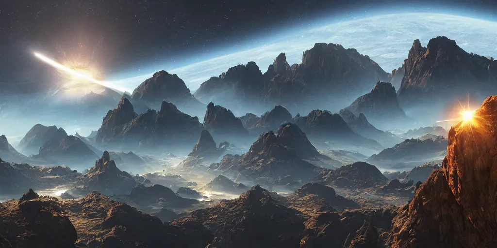 Image similar to alien environment with epic mountains and cliffs and planets in the sky by jon mccoy, epic lighting, cinematographic, 8 k, award winning, ultra detailed