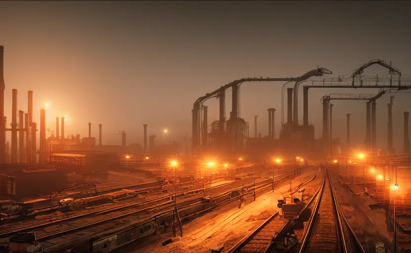 Image similar to photorealistic image of endless industrial factories, conveyor belts, industrial furnaces, cargo trains, heavy machinery. dusk. fog. gritty. 8K. detailed. technical. artstation. 25mm f/1.7 ASPH Lens. ultra realistic