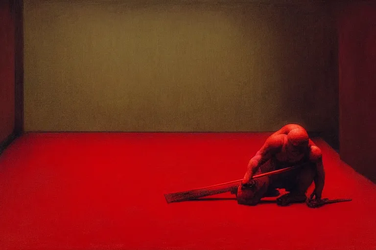 Image similar to only with red, a red samurai do seppuku, tokio, a lot of frogs watch, in the style of beksinski, parts by edward hopper, parts by rodcenko, parts by yue minjun, intricate and epic composition, red by caravaggio, insanely quality, highly detailed, masterpiece, red light, artstation, 4 k