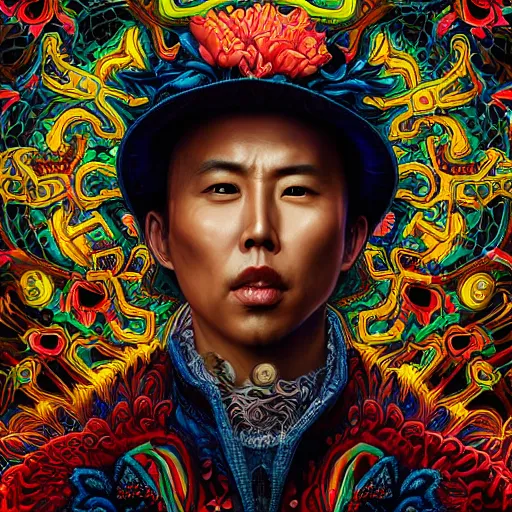 Image similar to portrait of donnie yen, hyper detailed masterpiece, neon floral pattern, jean giraud, digital art painting, darkwave goth aesthetic, psychedelic, artgerm, donato giancola and tom bagshaw