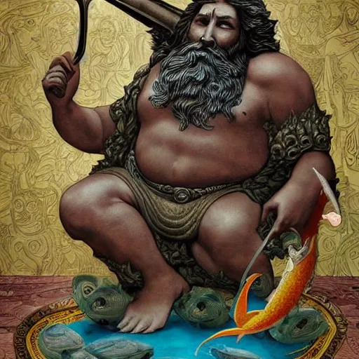 Prompt: The sculpture shows a mythological scene. A large, bearded man is shown seated on a throne, surrounded by sea creatures. He has a trident in one hand and a shield in the other. Behind him is a large fish, and in front of him are two smaller creatures. by Casey Weldon rich details, tumultuous