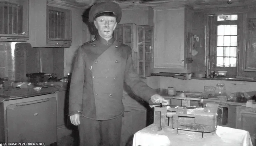 Prompt: a wax man in a stalinist style kitchen, by mini dv camera, very very low quality, heavy grain, very blurry, accidental flash, webcam footage, found footage, security cam, caught on trail cam