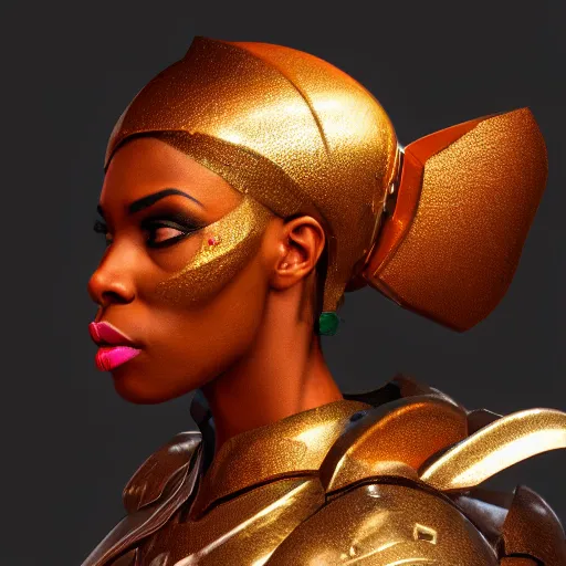 Image similar to side profile portrait of an african american woman with an orange glow on her face medieval metallic knight armor, artstation, cgsociety, masterpiece, dark fantasy