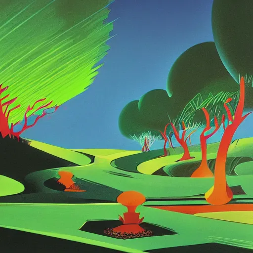 Prompt: painting of Green Hill Zone by Eyvind Earle, concept piece, 1950s, gouache on paper, high quality, vivid color, masterpiece