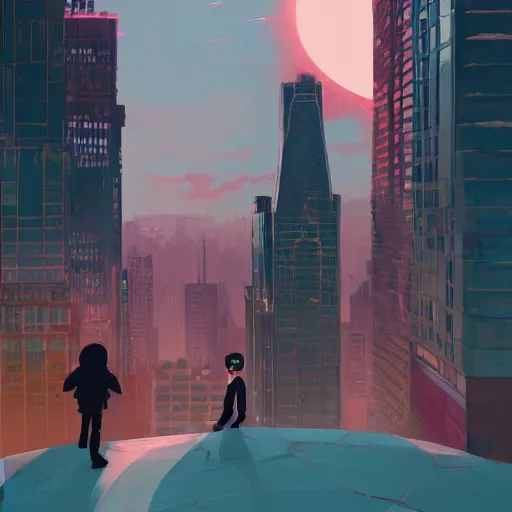 Image similar to damian wayne with pink haired teen boy, city landscape, Gotham, artstation, highly detailed, by makoto shinkai and thomas kindle and James gilleard