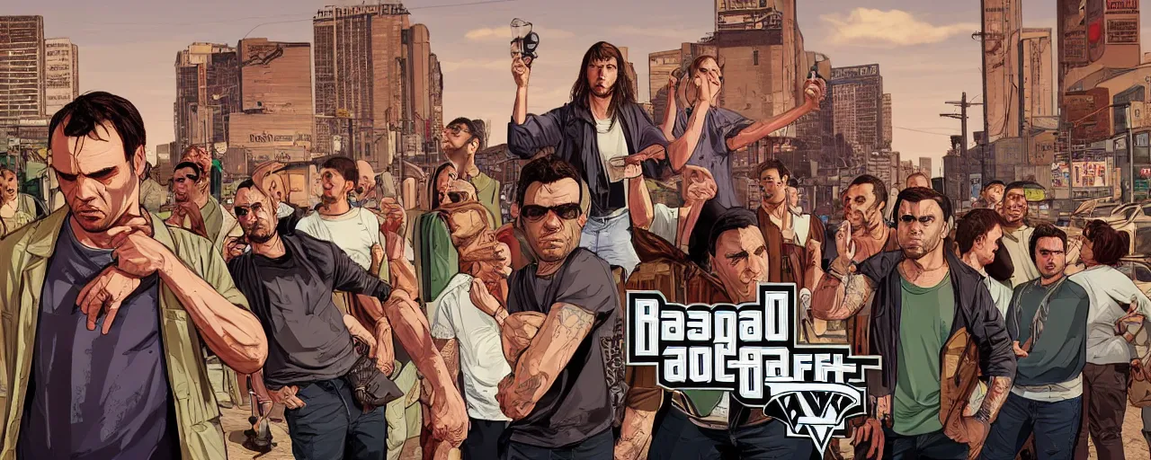 Image similar to full body of Raelsan (Orelsan) in the center of image of GTA V loading screen illustration in the style of Stephen Bliss, centered, uncrop, uncropped Orelsan very detailed GTA illustration from Stephen Bliss, full body Orelsan trending on artstation, Orelsan trending on deviantart, symmetrical face Orelsan, GTA V, Orelsan