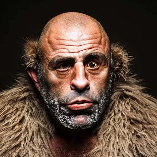 Prompt: Photo portrait Joe Rogan as a wax neanderthal cave man exaggerated brow wrapped in fur cloak screaming like a savage in the natural history museum in a replica of a cave environment dramatic lighting 85mm lens by Steve McCurry