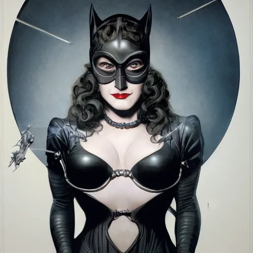 Image similar to Epic Masterpiece head and shoulders portrait of Madonna as catwoman in Batman Returns by Tim Burton drawn by Donato Giancola and Tom Bagshaw, Edmund Leighton, Alphonse Mucha, 4k, volumetric lighting, komorebi, trending on artstation, octane render, hyperrealistic