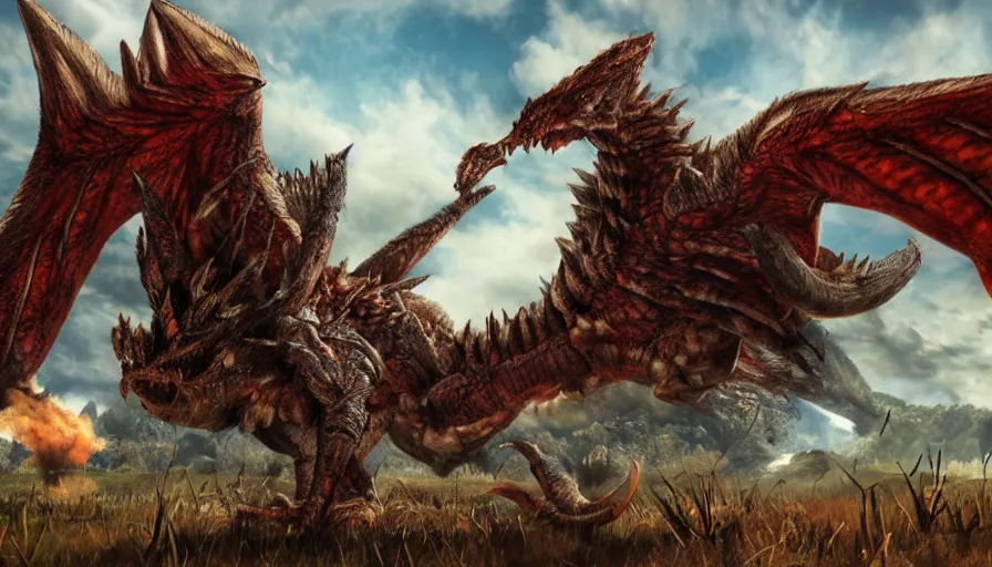 Prompt: A Rathalos in the plains, Monster Hunter